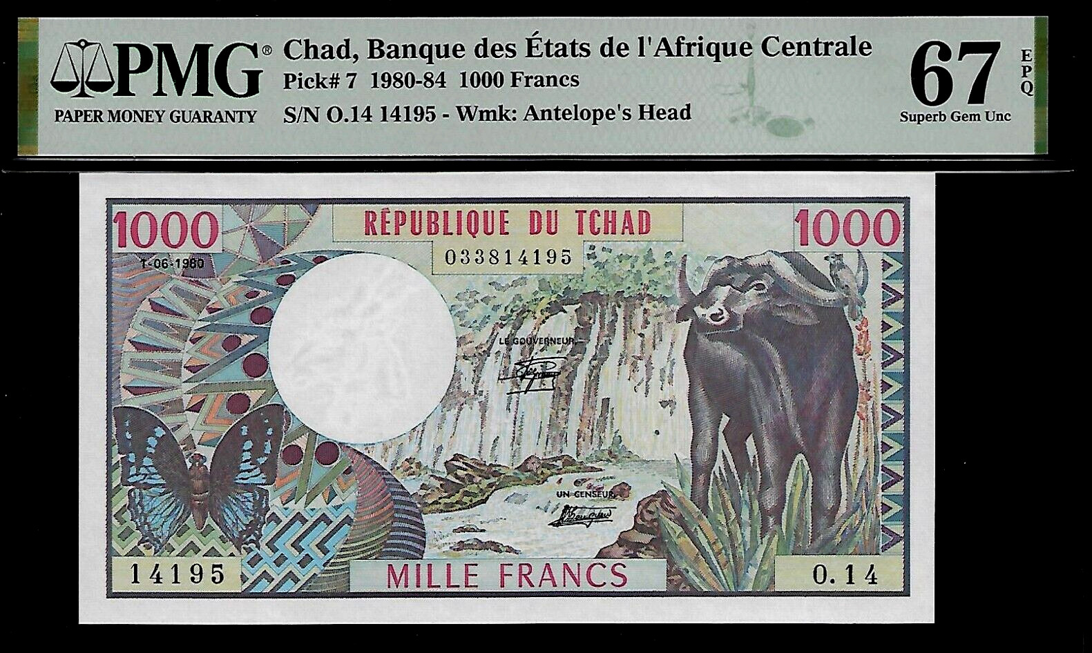 Chad 1000 Francs 1980-84 PMG 67 EPQ UNC P#7 Wmk: Antelope's Head