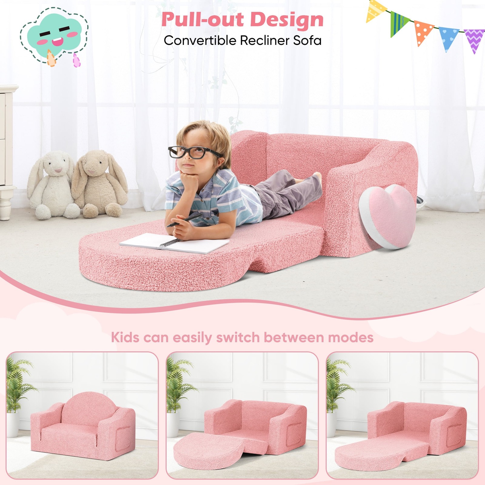 Kids 2-in-1 Toddler Couch Fold-Out Soft Convertible Chair Pink for Boys & Girls