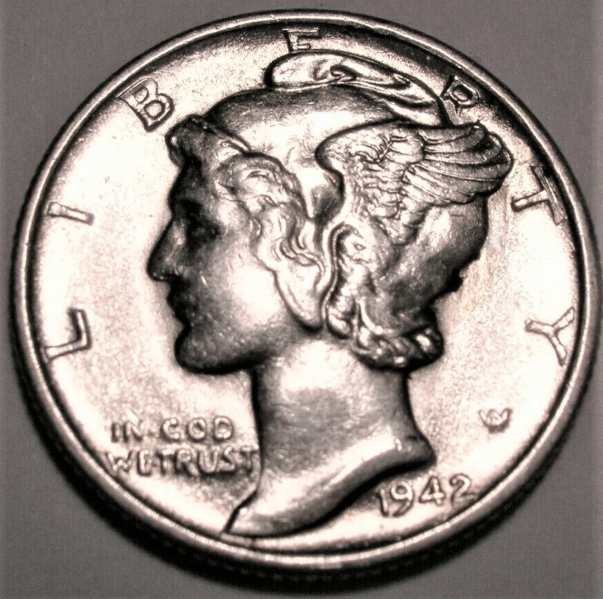 1942 P Mercury Dime Almost Uncirculated 90% Silver Coin AU / BU