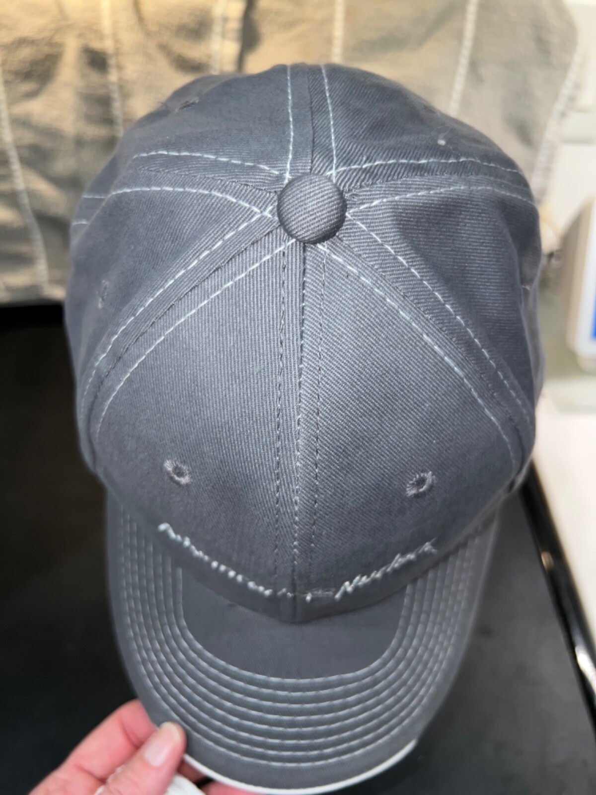 Advanced Nuclear Gray Hat Cap with white edge. Hat has topstitching is EUC Adj.