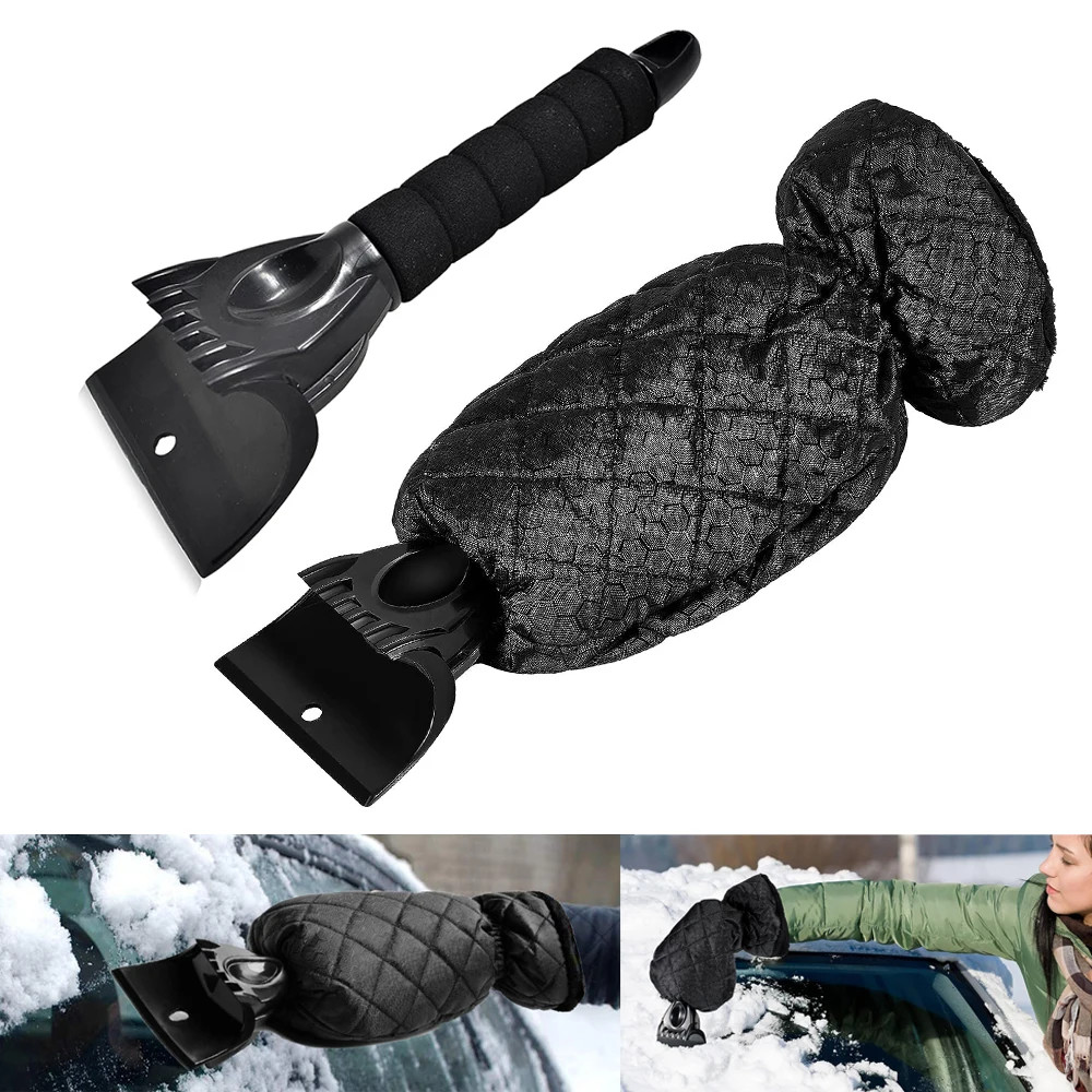 Car Windshield Ice Scraper Mitt Waterproof Snow Shovel Brush With Warm Gloves