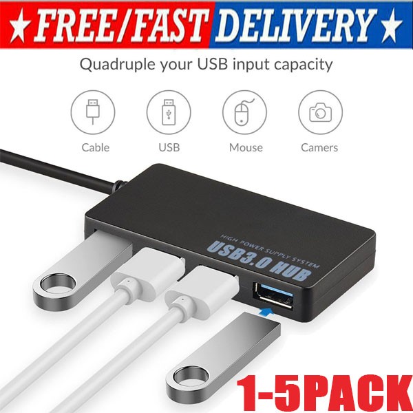 4 Port USB 3.0 Hub Cable  Power Adapter Splitter Multiple Extender for Laptop