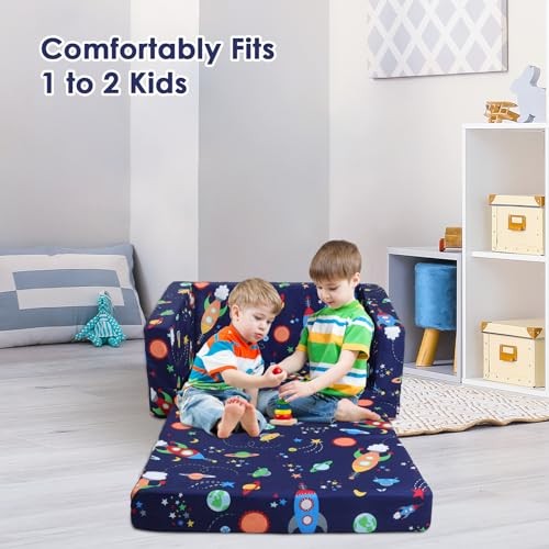 Kids Couch Convertible Sofa to Lounger for Toddler Boy, Foldable 2-in-1 Rocket