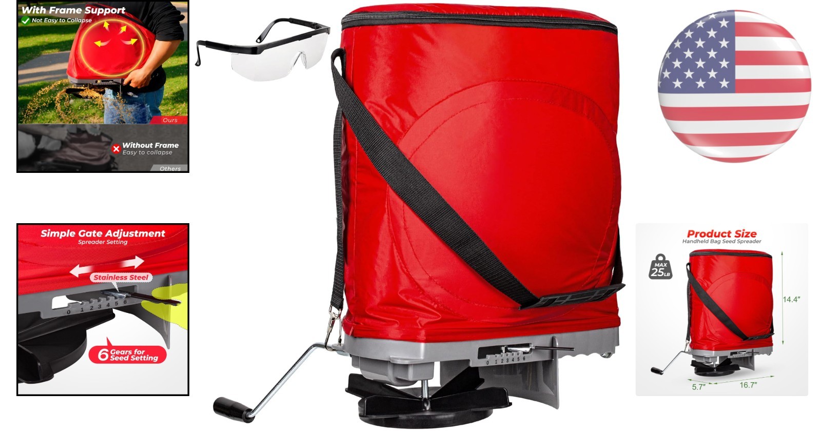 Effortless Lawn Care: 25lb Handheld Seed Spreader with Flow Control & Goggles