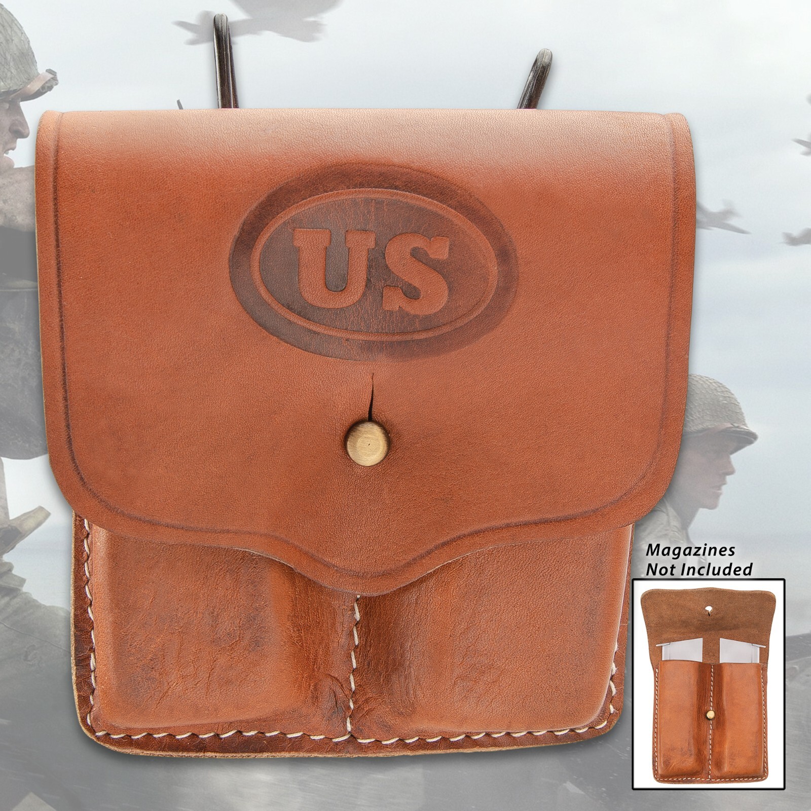 US 1911 Colt Pistol .45 Double Magazine Leather Pouch Replica, Brass Belt Hanger