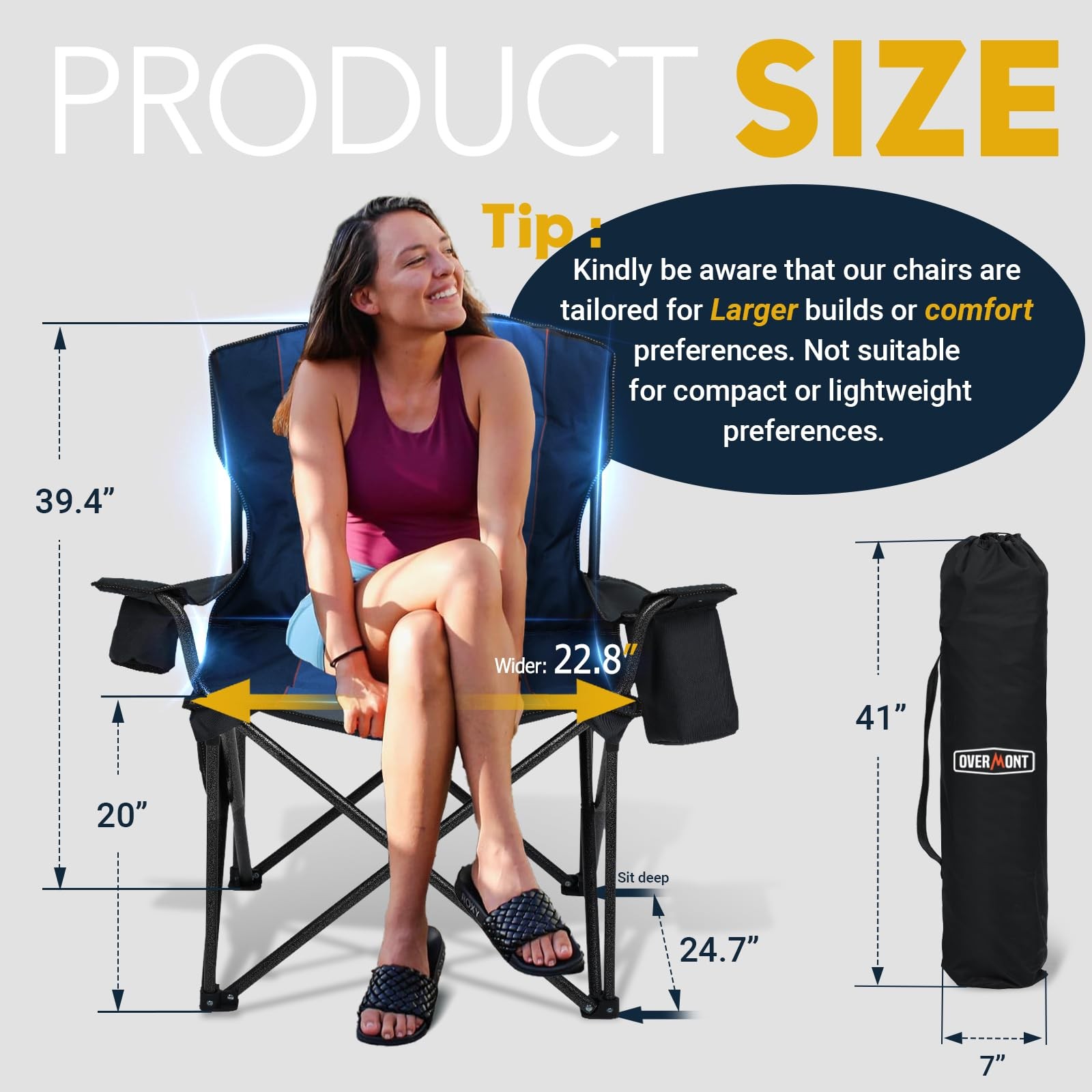 Overmont Oversized Folding Camping Chair - 450lbs Support with Padded Cushion Co