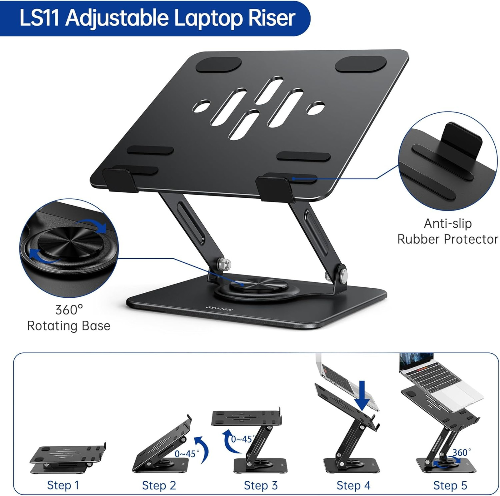Laptop Stand with Adjustable Height, 360 Degree Rotating Base, Ergonomic