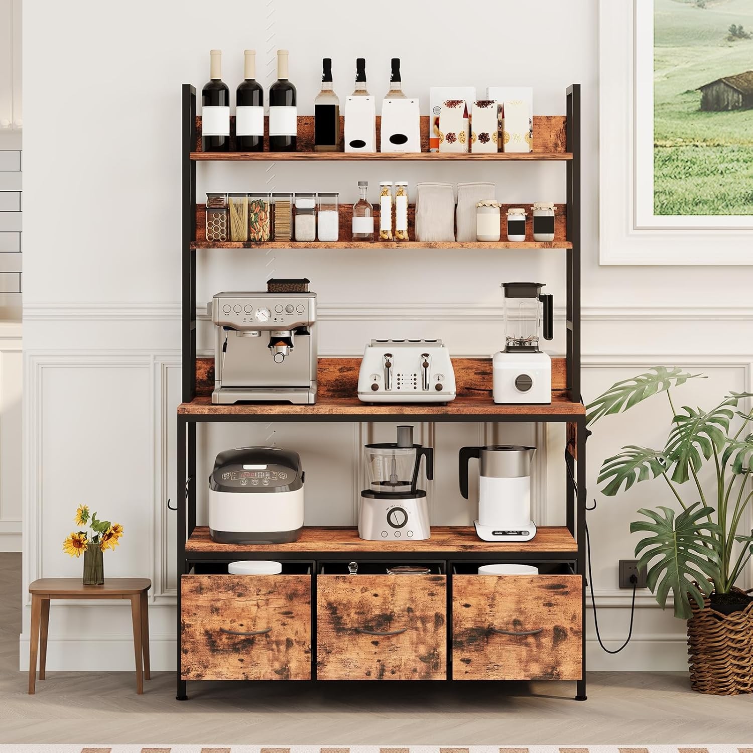 Bakers Rack with Power Outlet, 5-Tier Free Standing Storage Rack for Oven&Juicer