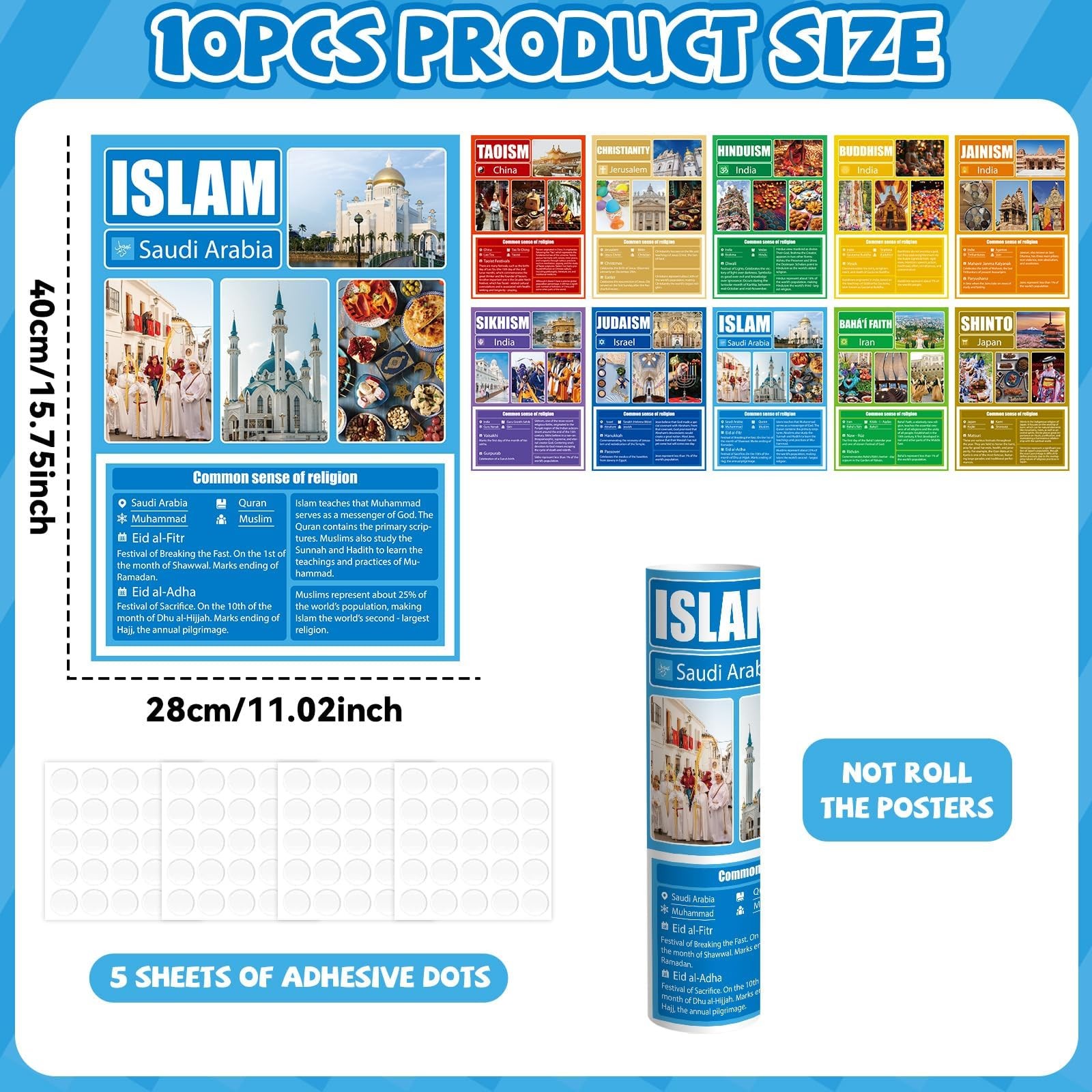 10PCS World Religions Poster Educational Social Studies Learning Tool Classro...
