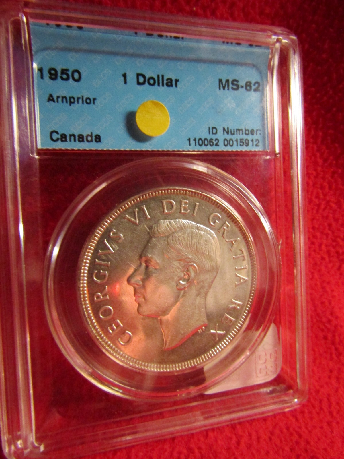 1950  CANADA SILVER DOLLAR..." ARNPRIOR "..  CCCS  CERTIFIED  MINT  STATE 62