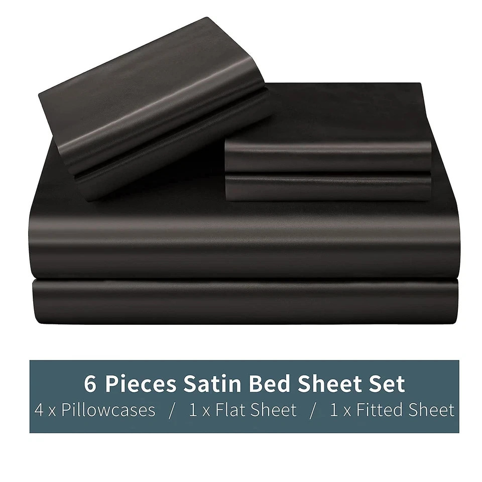 SATIN SHEETS Bedding Sheet Set Pillow Case Deep Pocket Queen Black 6-Pc POTHUINY