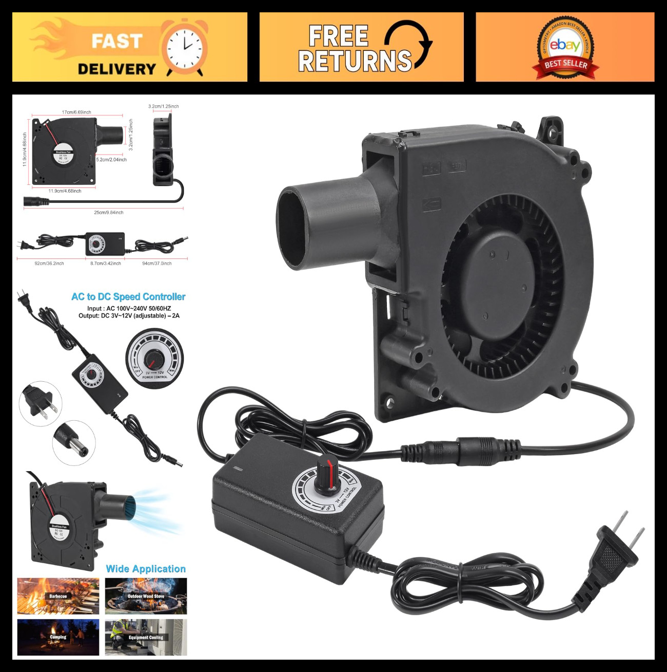 120mm 12V BBQ Blower Fan with Variable Speed Controller for Outdoor Cooking & Ve
