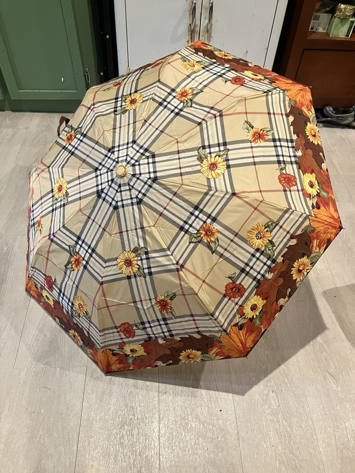 Rare Vintage Avon Autumn Fall Brown Plaid Umbrella New Old Stock