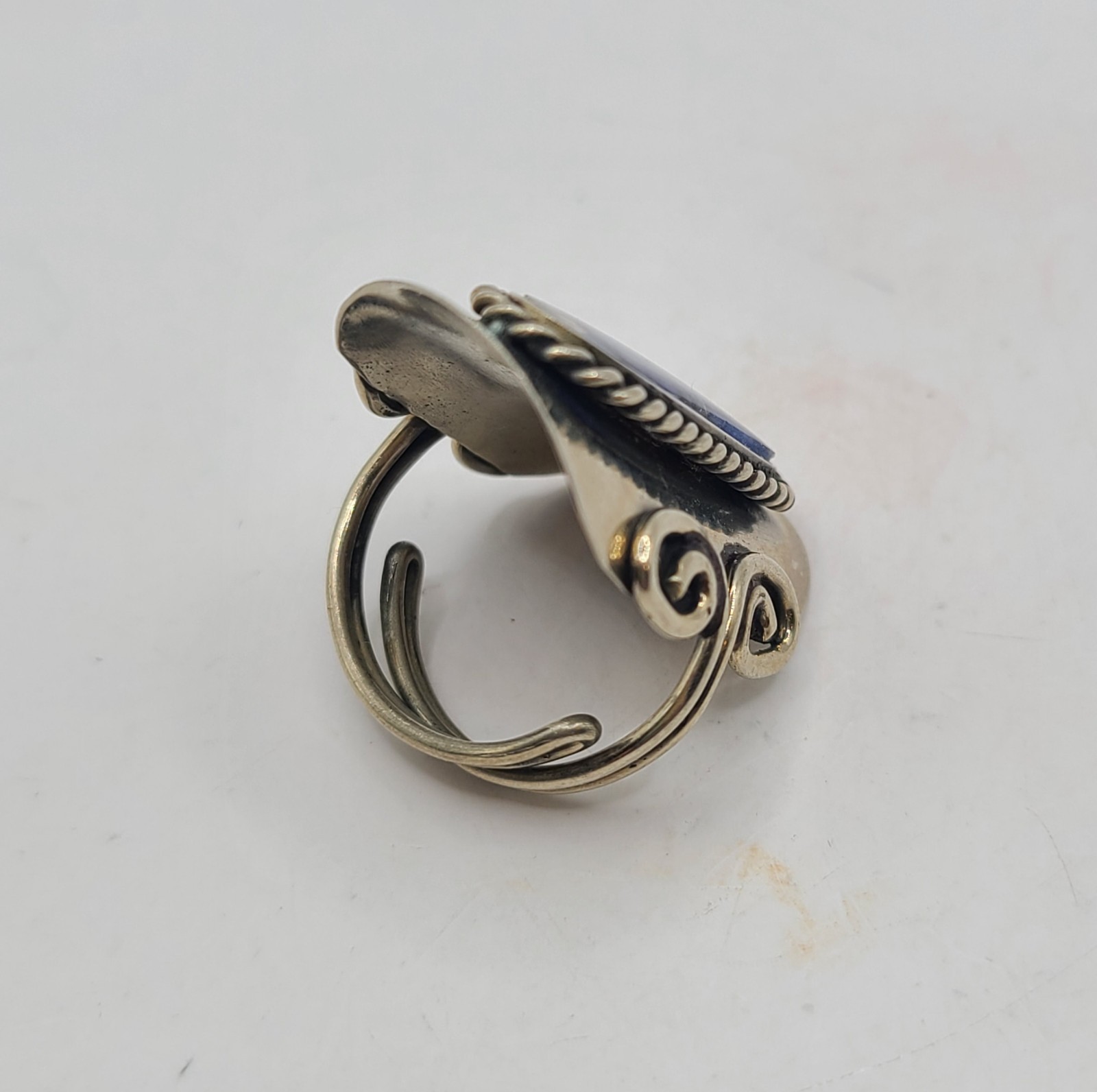 Handmade Sodalite Silvertone Adjustable Size 6 Ring Unsigned 1.25" Long