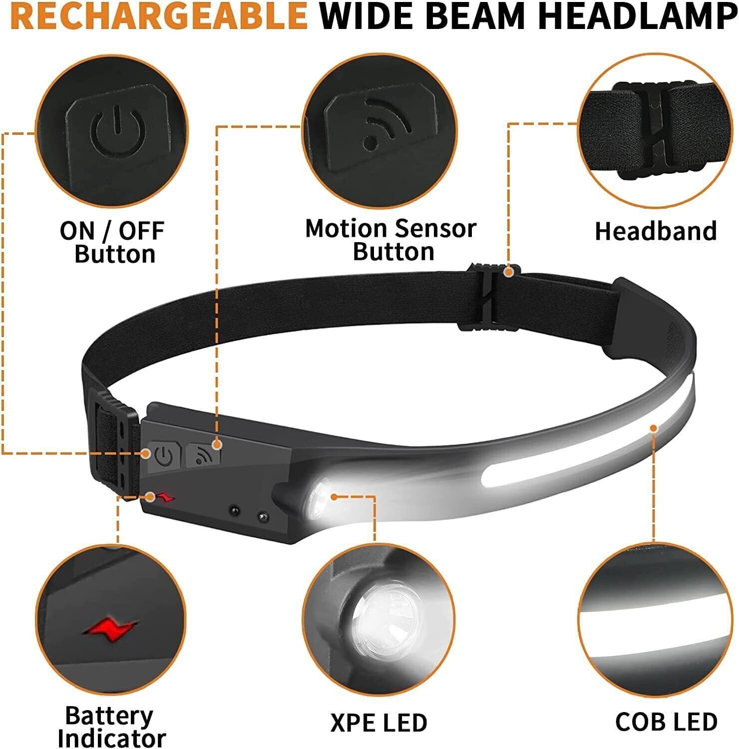 2X Waterproof COB Headlamp Night Buddy LED Sensor 230° Head Torch Headlight Lamp