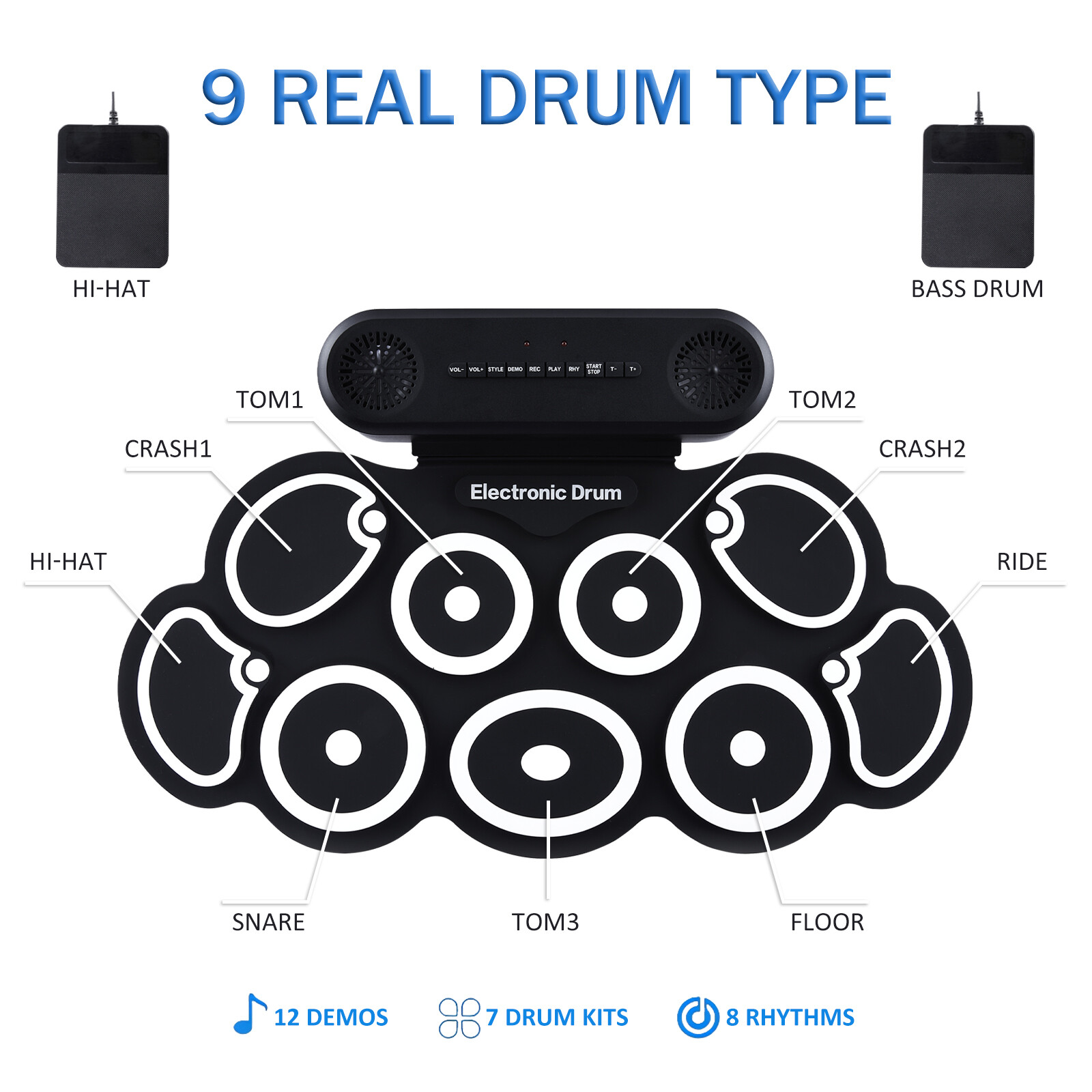 Electronic Drum Set 9 Pads Drum Practice Pad Kit Roll-Up Electric Drum Set