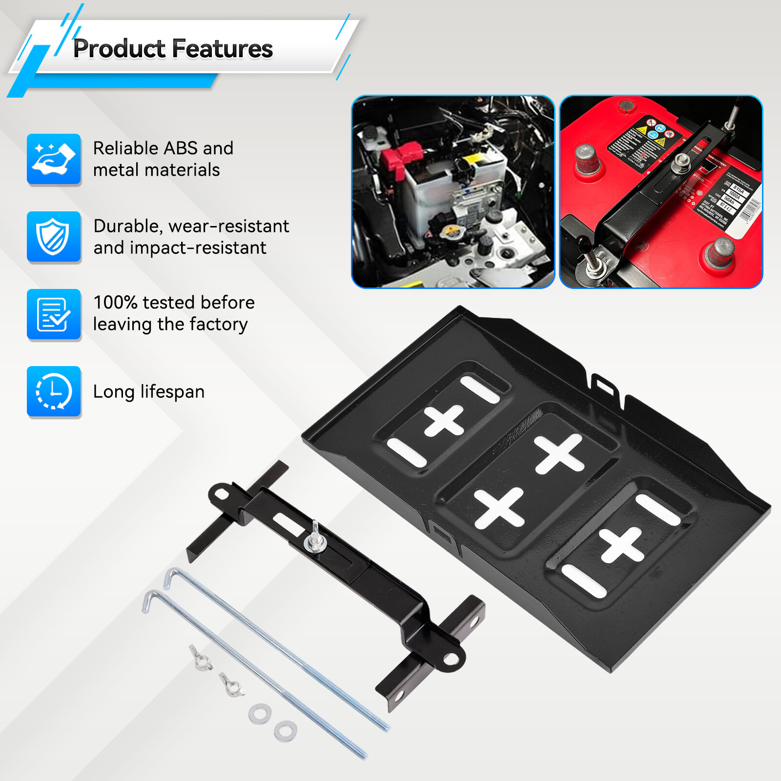 Universal Storage Battery Holder Adjustable Tray & Hold Down Clamp Bracket Kit,