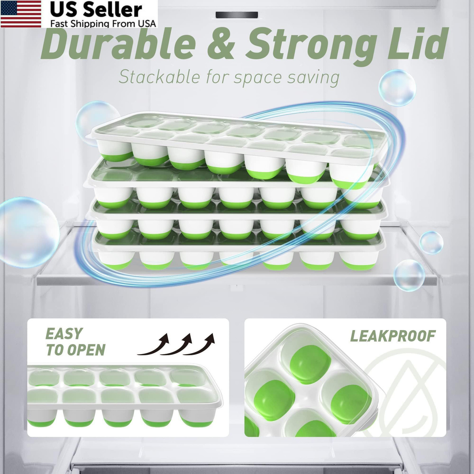 ChefAide 4‑Pack Ice Cube Trays with Lids, 56‑Cube Tray 4 Pack, Green