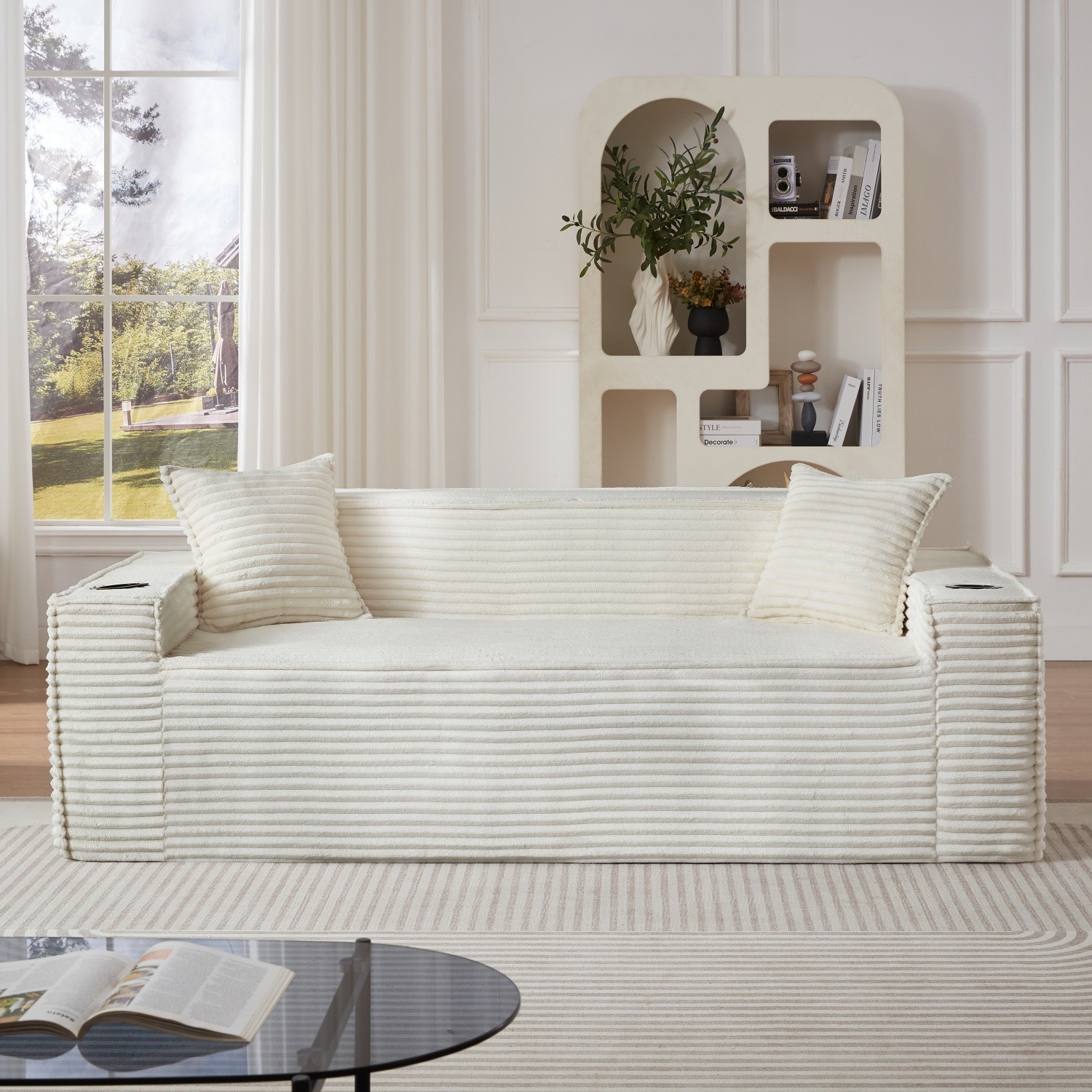 No Assembly Floor Sofa 3-Seater Corduroy Couch w/ 2 Cup Holders for Apartments