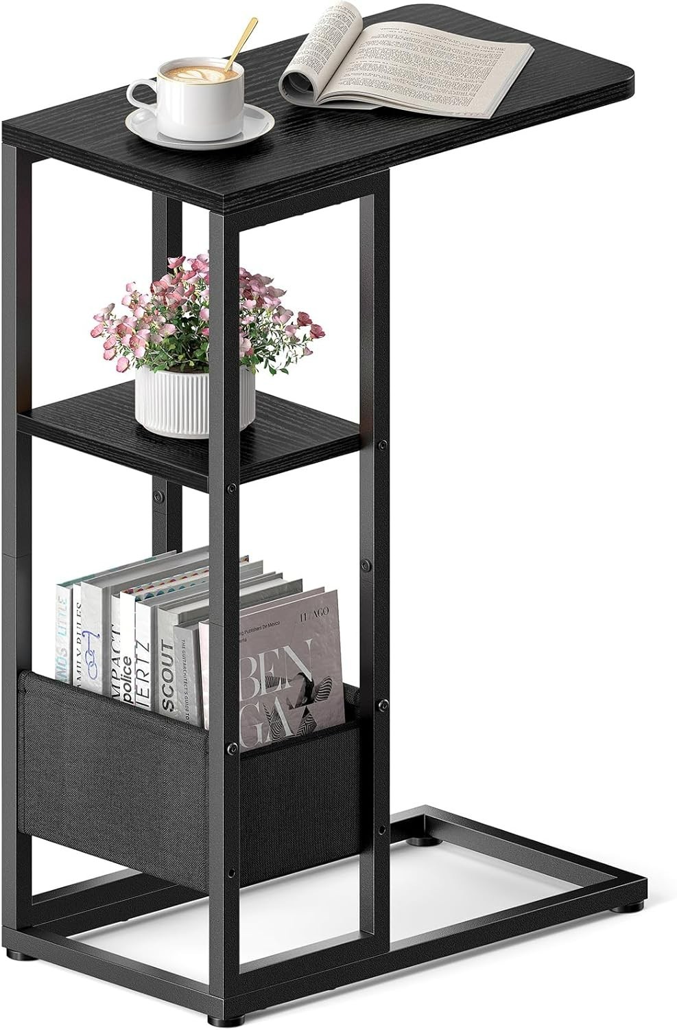 C Shaped End Table, Small Side Table for Couch, Recliner with Storage Bag