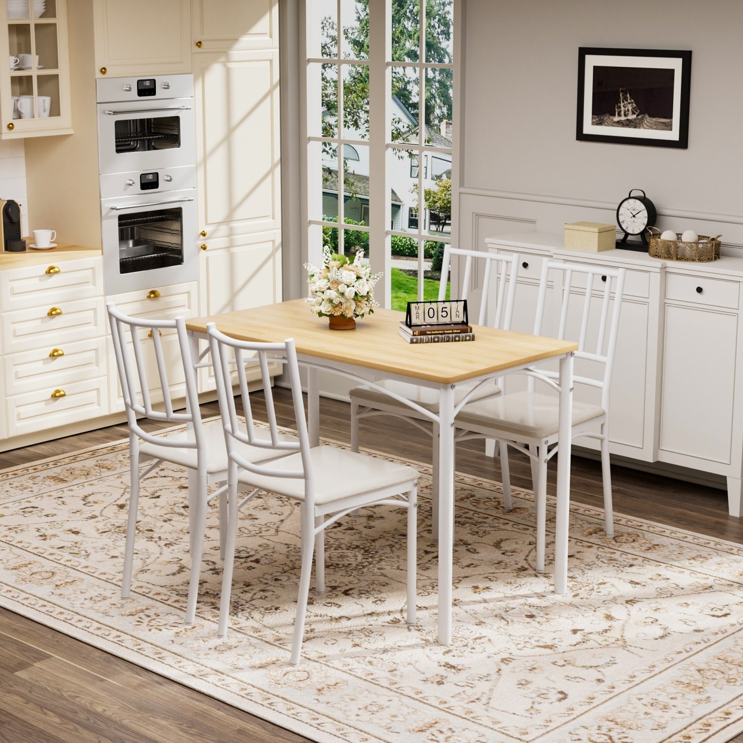 Small Space 5-Piece Dining Table Set Wood Table Top & 4 PU Chairs w/ Steel Frame