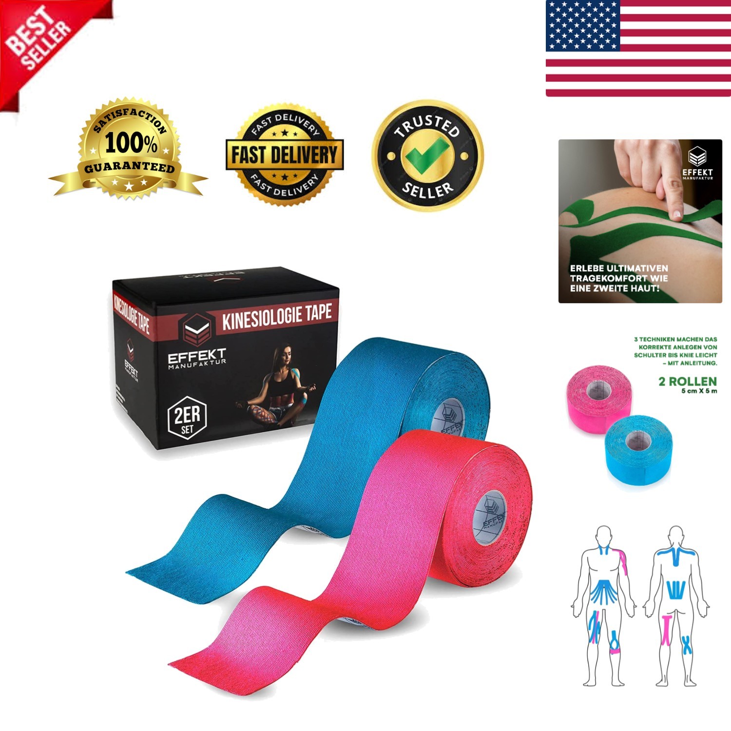 Kinesiology Tape Waterproof 16 ft x 2 in, 2 Rolls - Elastic Physio Tape for M...