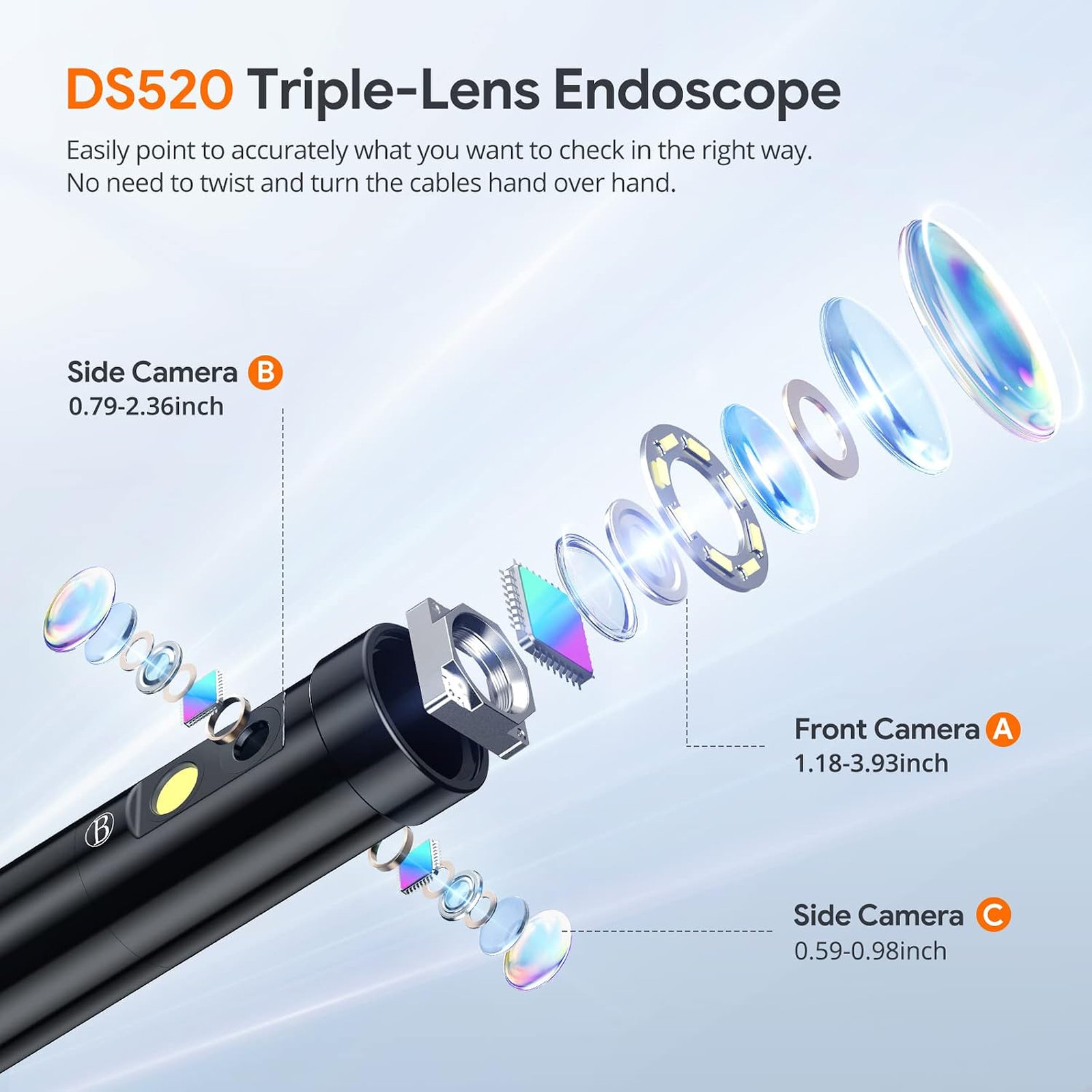 Endoscope Camera with Light, Triple Lens 5 Inch IPS Inspection Camera, 16.5Ft