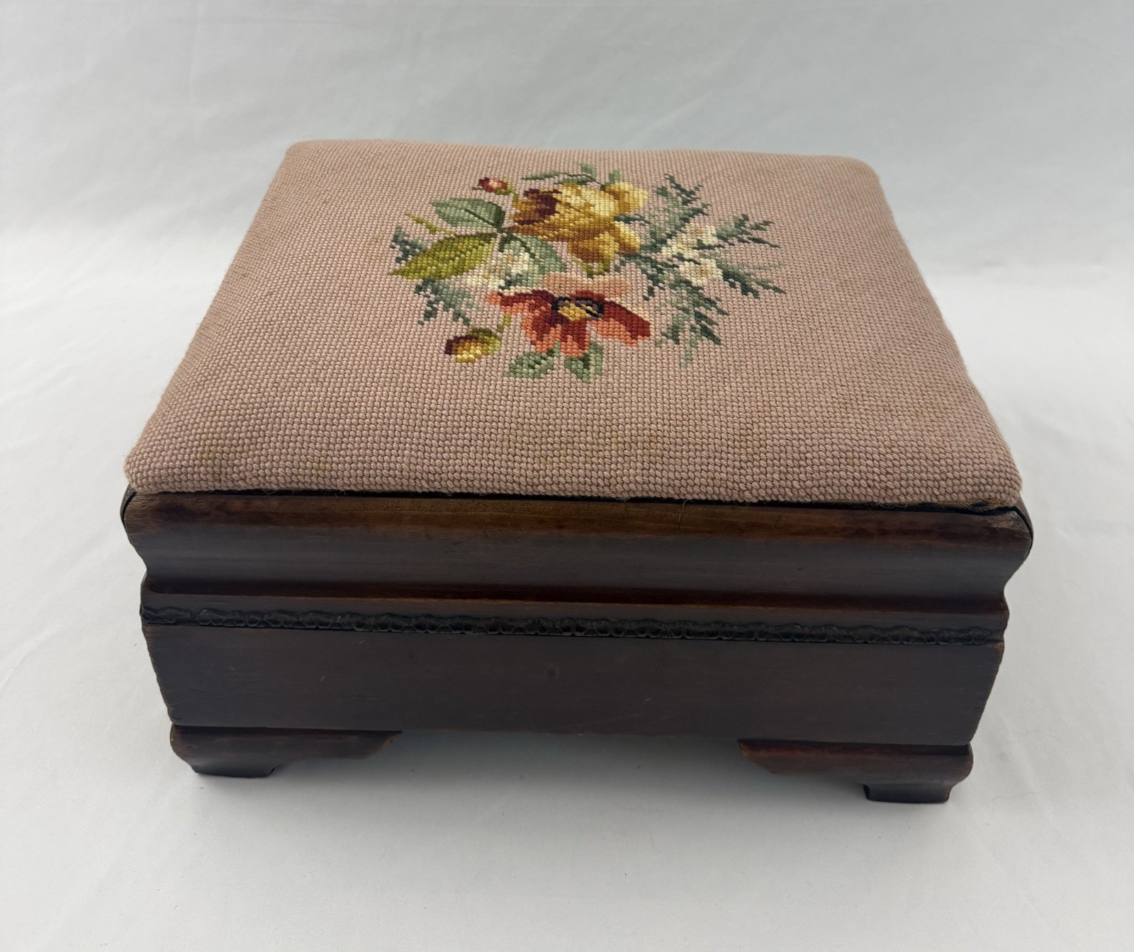 Vintage Needlepoint Footstool Ottoman Floral Petit Point Upholstered Wood Stool