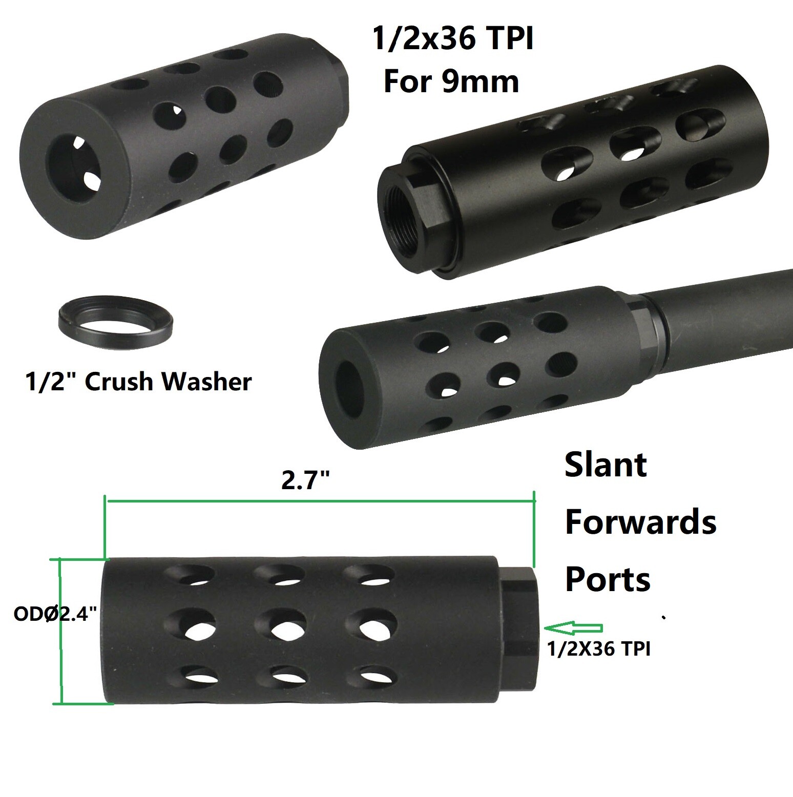 Black Slant Forwarder Port Low Concussion Muzzle Brake Compensator 1/2x36 TPI