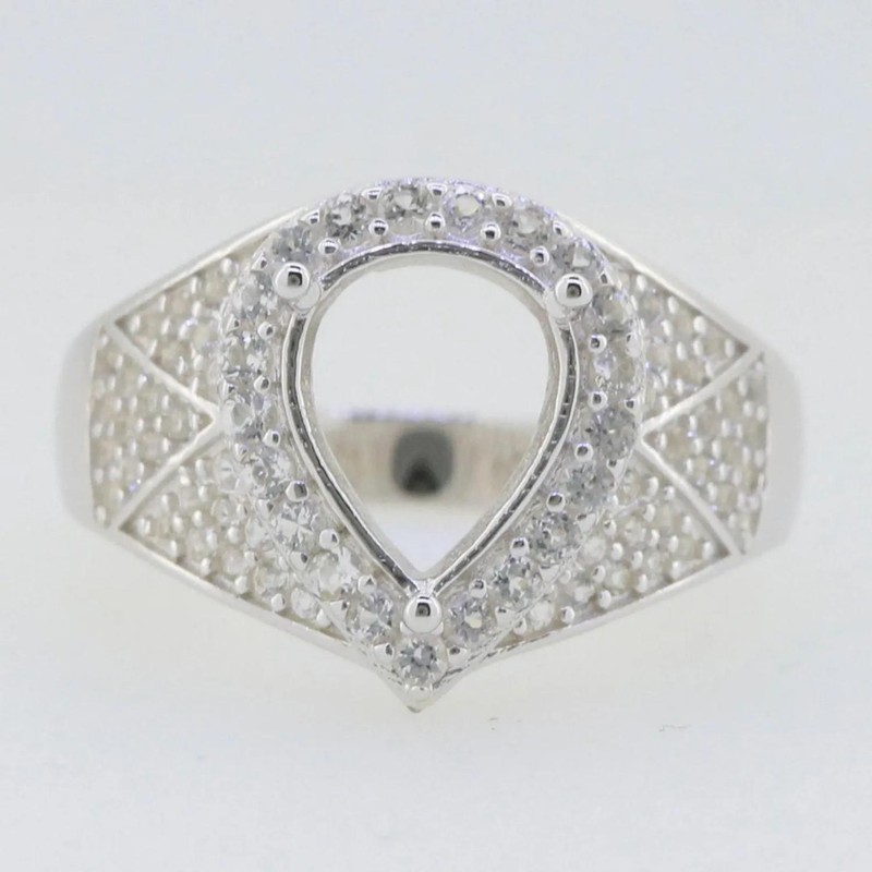 925 Sterling Silver 10x8mm Pear Cut Semi Mount Ring Geometric Chevron Band Ring