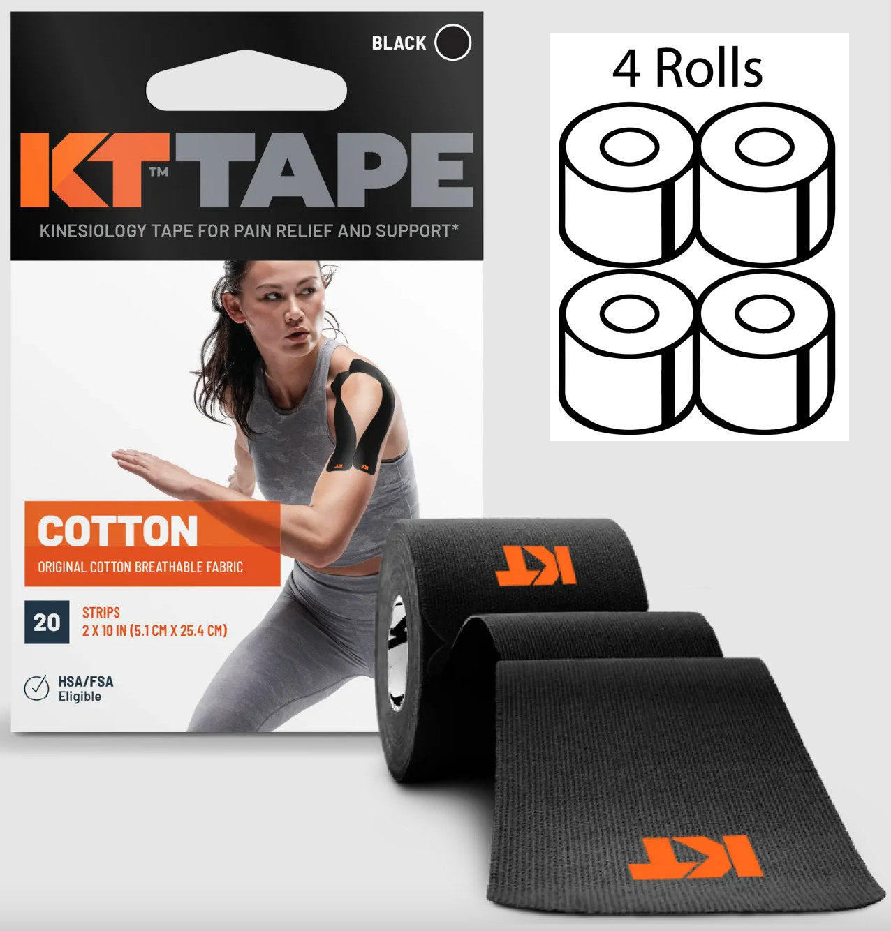 KT Tape Cotton 20 Strip 10" Precut Black New (Lot Of 4) Kinesiology Sports Tape