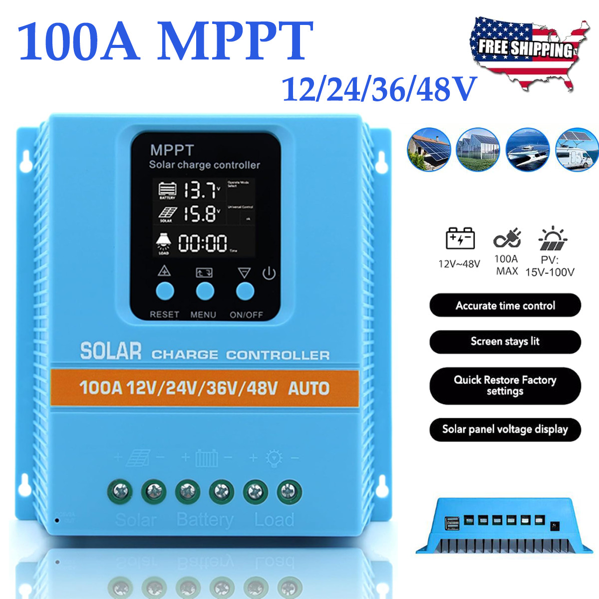 100A 12V/24V/36V/48V MPPT Solar Charge Controller PV Charger Controller Upgrade