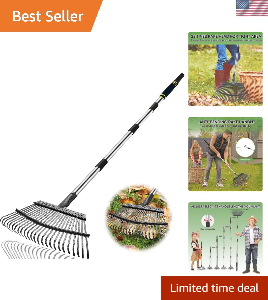 Durable 6FT Leaf Rake with 25 Tines – Adjustable, Ergonomic, and Easy to Store