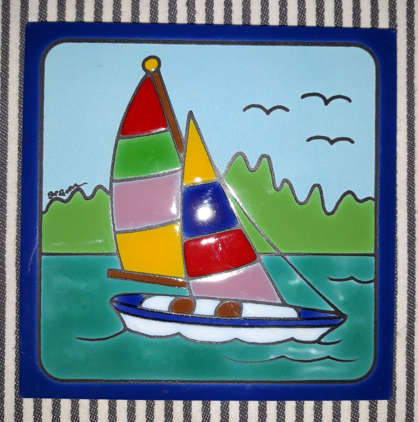 VTG BESHEER STUDIO ART POTTERY TILE TRIVET SAIL BOAT ON WATER TREES - Bedford NH