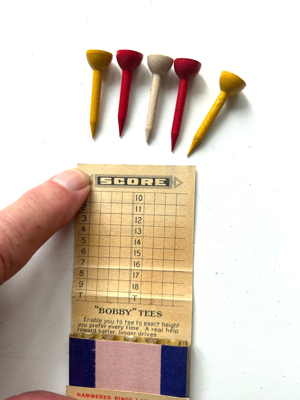 Vintage Golf Tees in Original Matchbook Packaging. Five Wood "Bobby" Tees,