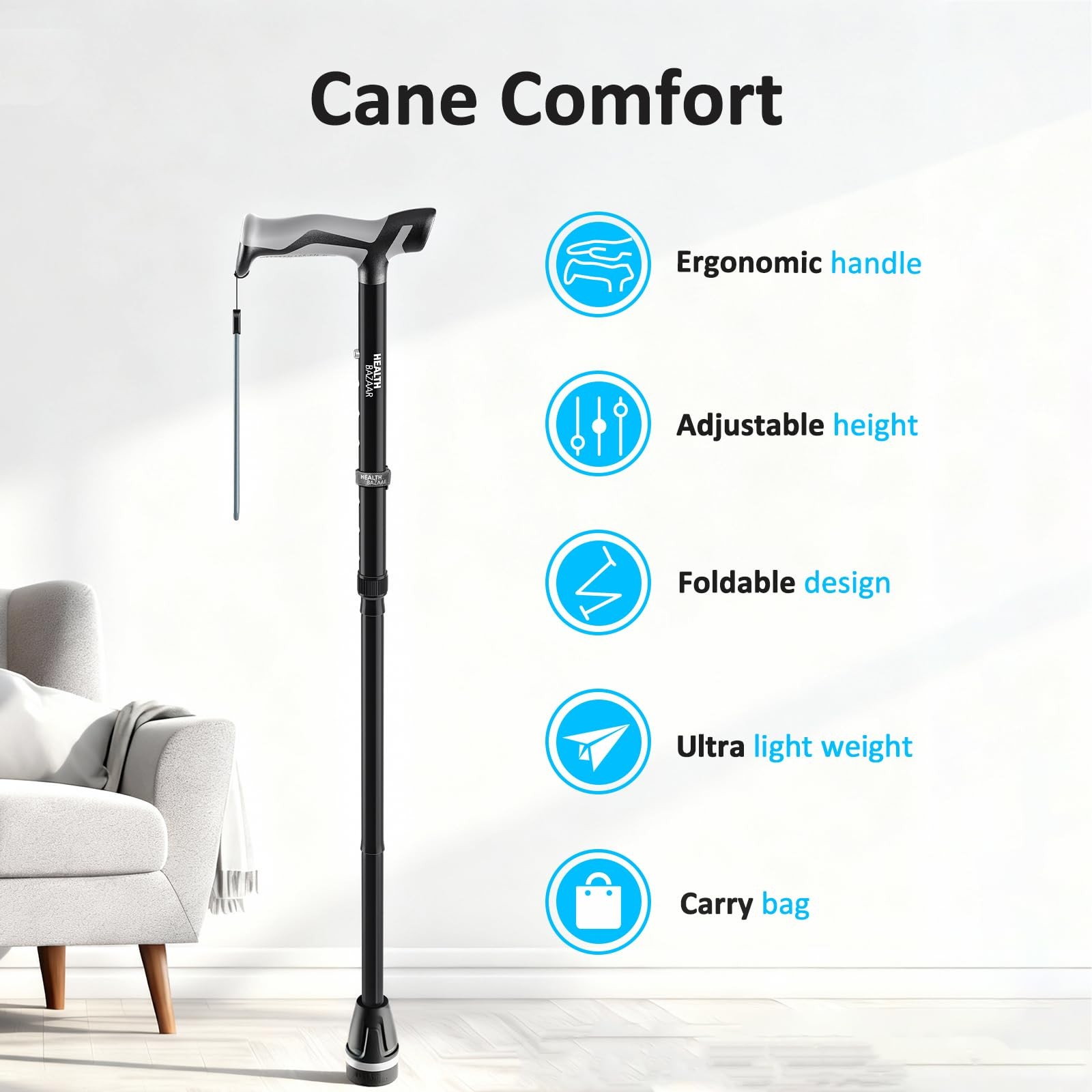 Walking Cane with LED Light, Folding Canes for Men & Black-1