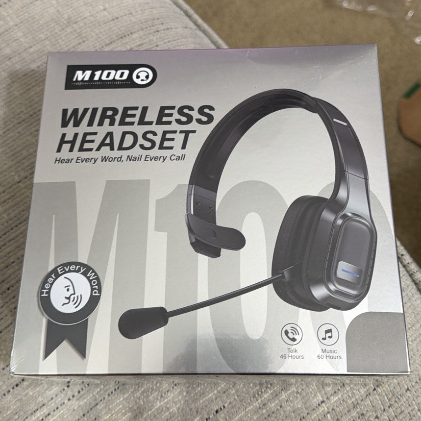 M100 Bluetooth Wireless On-Ear Headband Headset, Dual Earpieces, Boom Mic