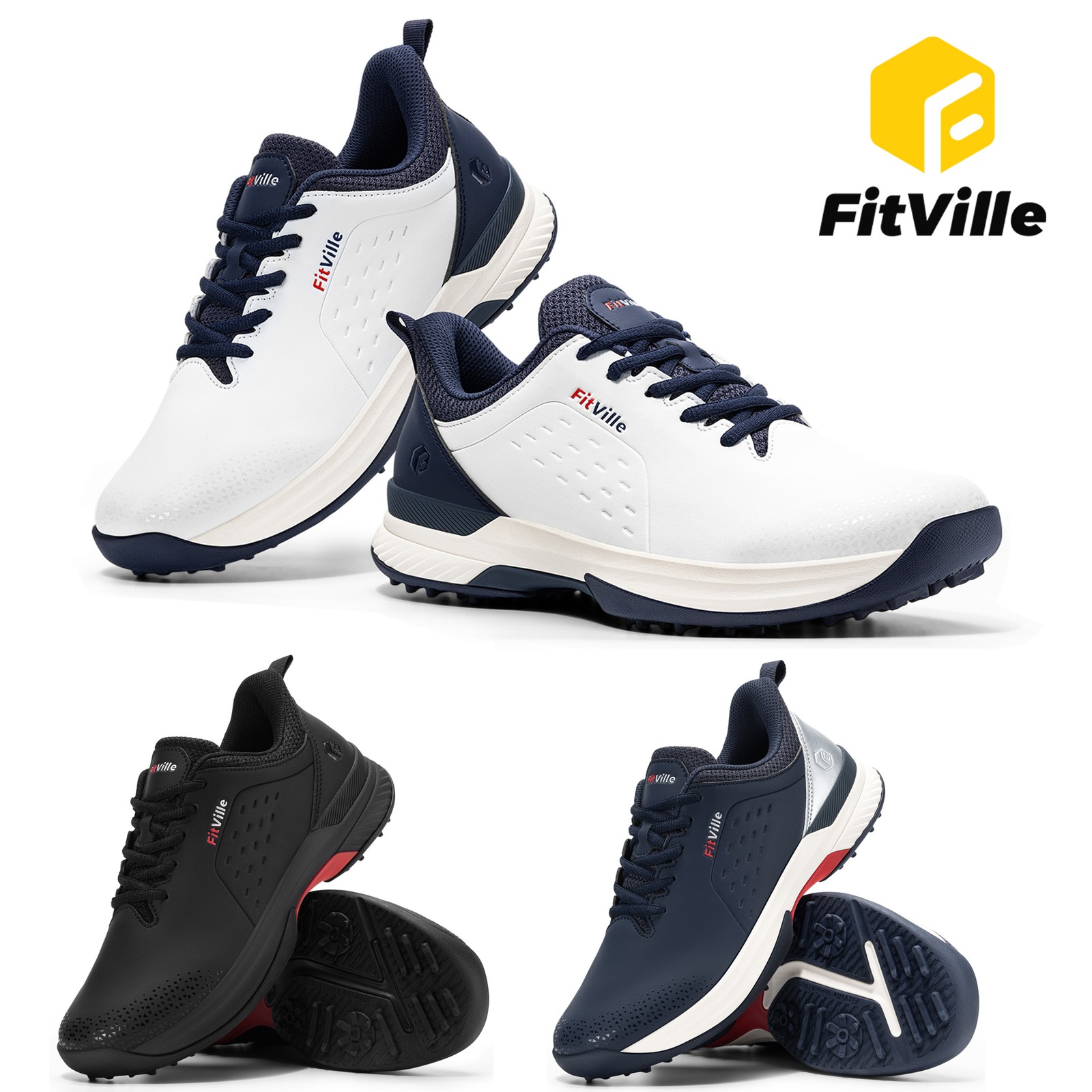 FitVille Men's Golf Shoes Waterproof Professional No-Slip Spiked Golf Shoes