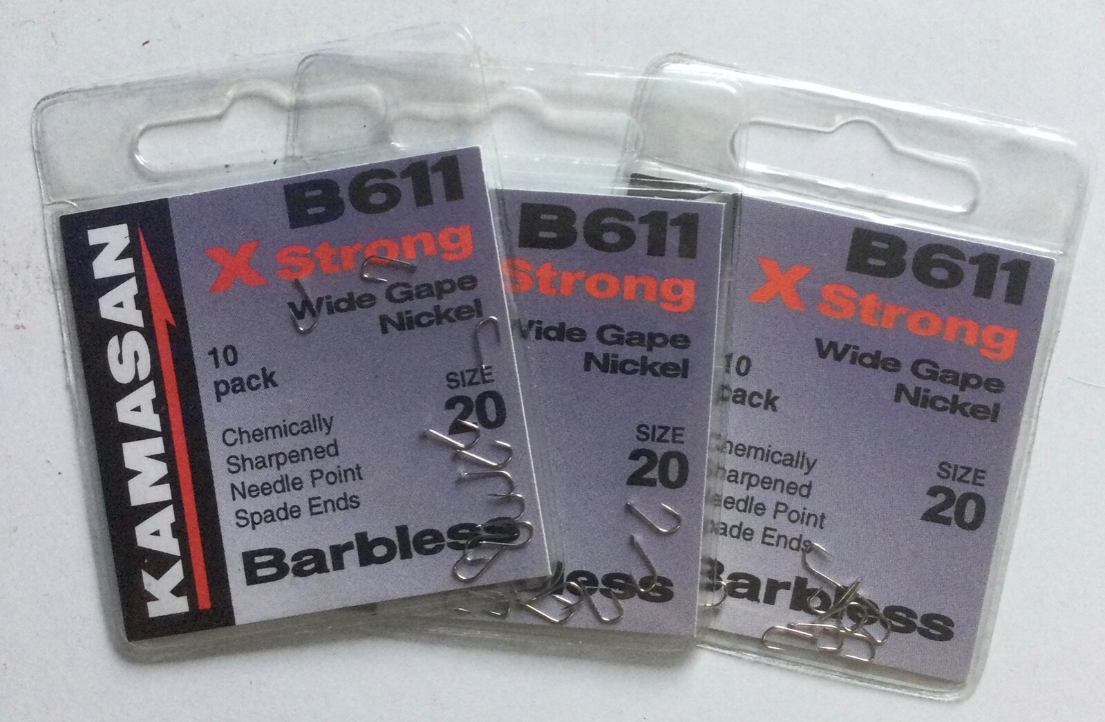 KAMASAN B611 X STRONG WIDE GAPE NICKEL SPADE END HOOKS - 3 x 10 - SIZE 20 B'LESS