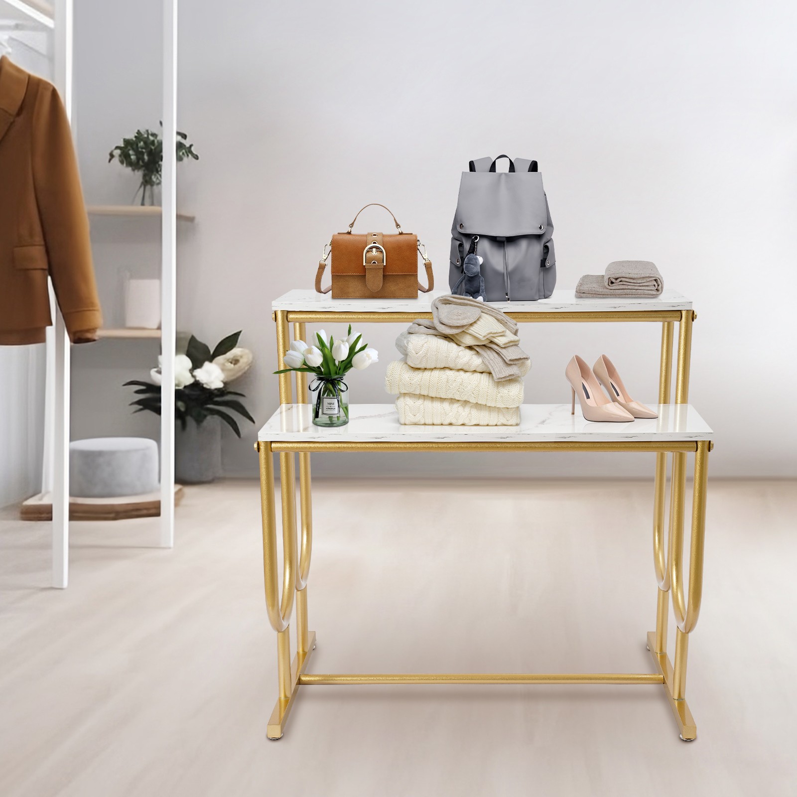 Purse Display Stand, Free Standing Handbag Display Stand, 2 Tier Display Table