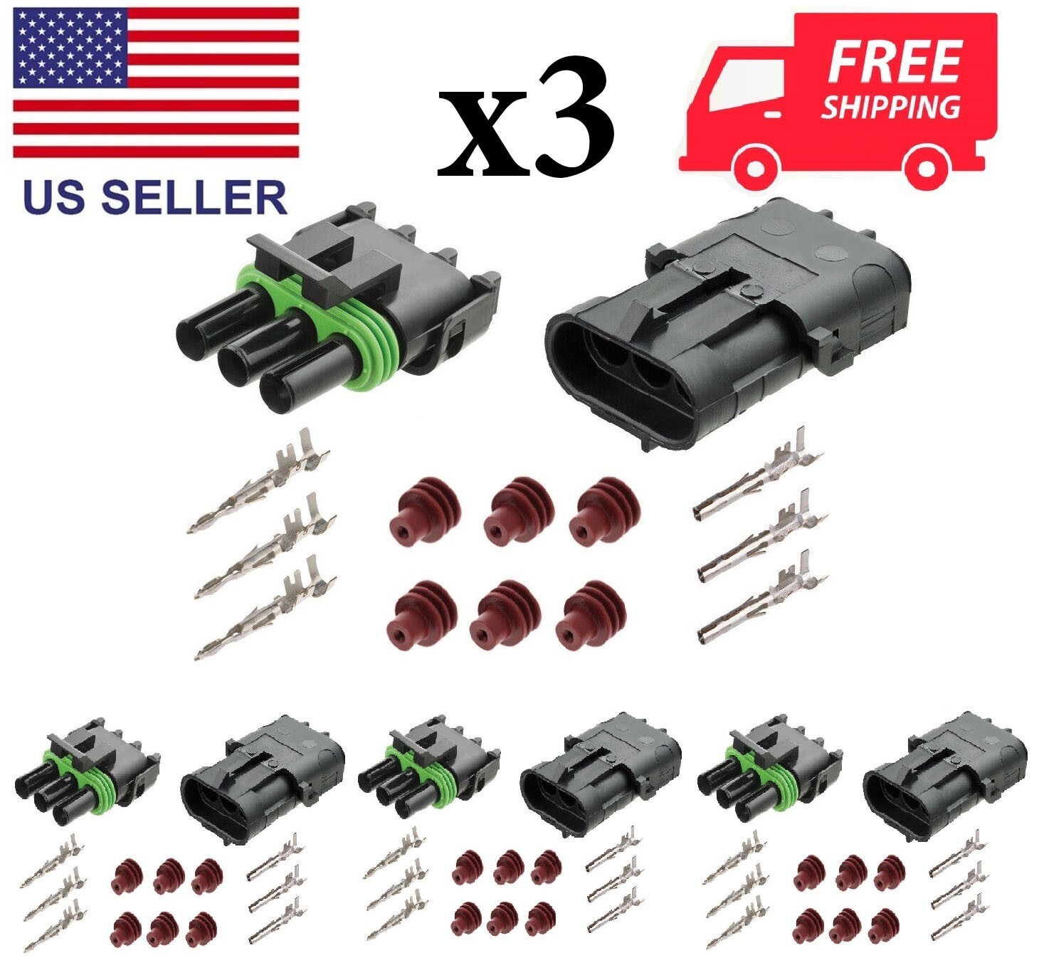 Delphi Weather Pack 3 Pin Sealed Connector Kit 14-16 AWG 3 Complete Kits