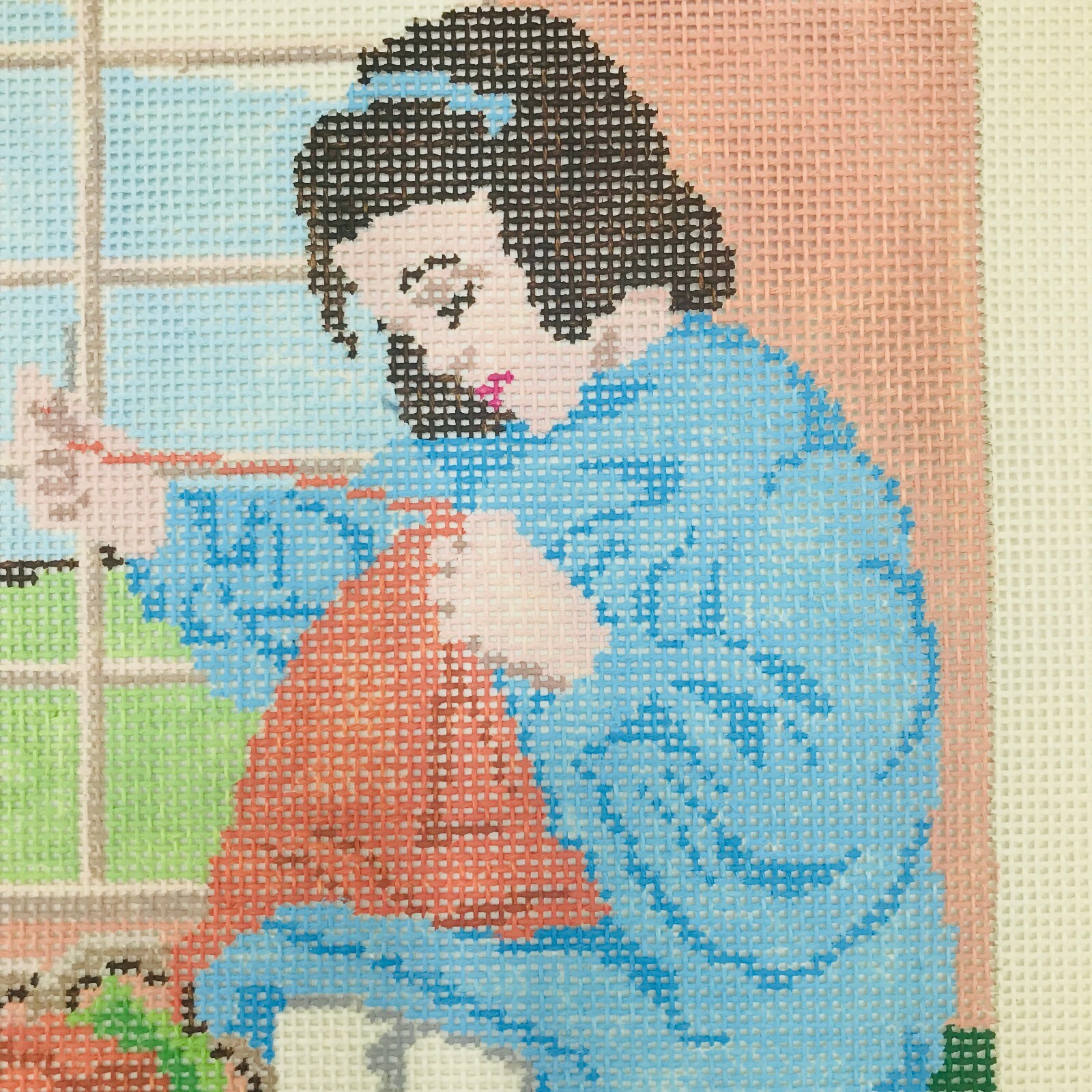 Needlepoint Pattern Hand Painted Bettina Saschi Girl Sewing Signed Primitive