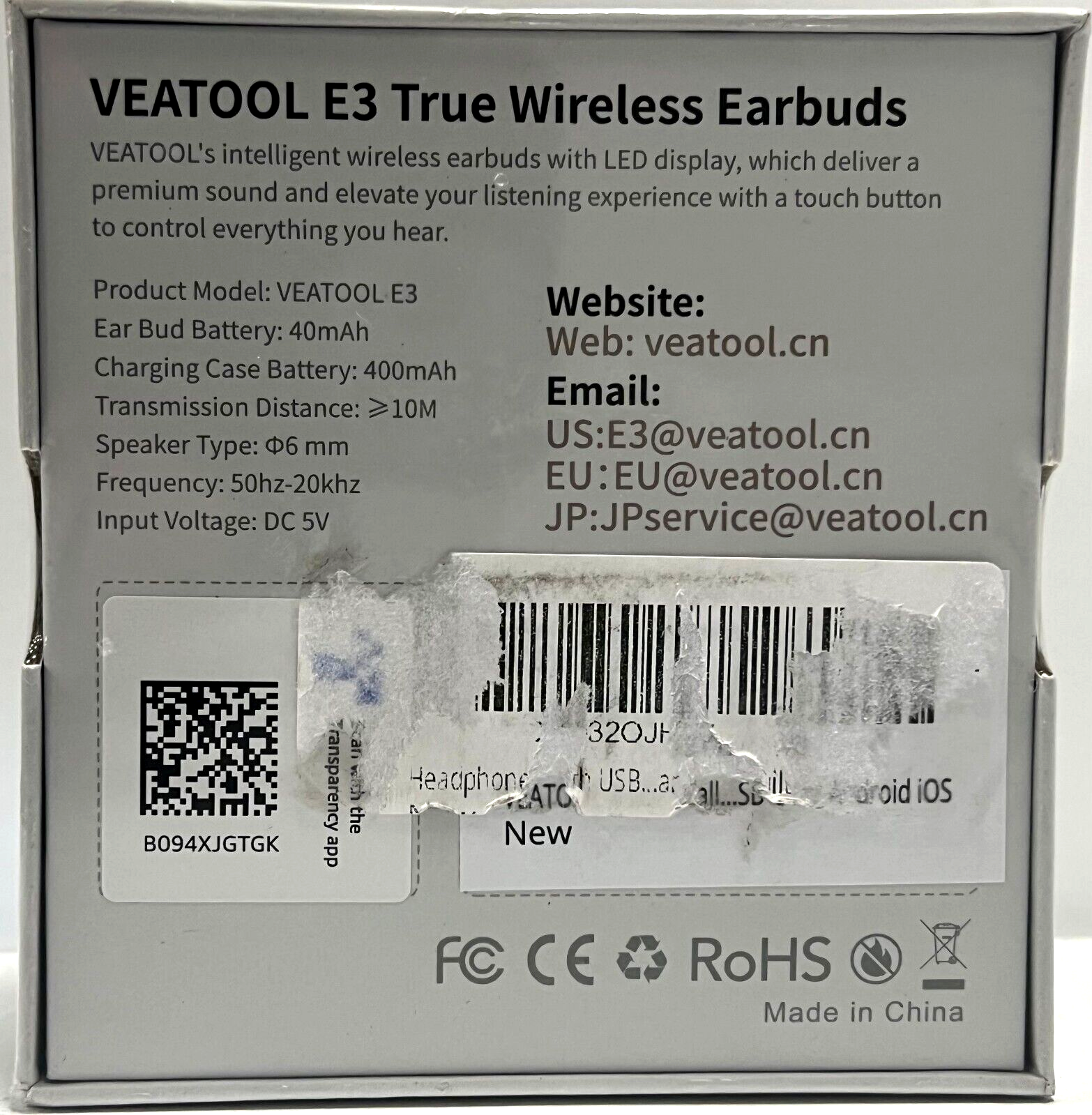 Veatool E3 True Wireless Earbuds, LED Display + Touch Control, Rechargeable Case