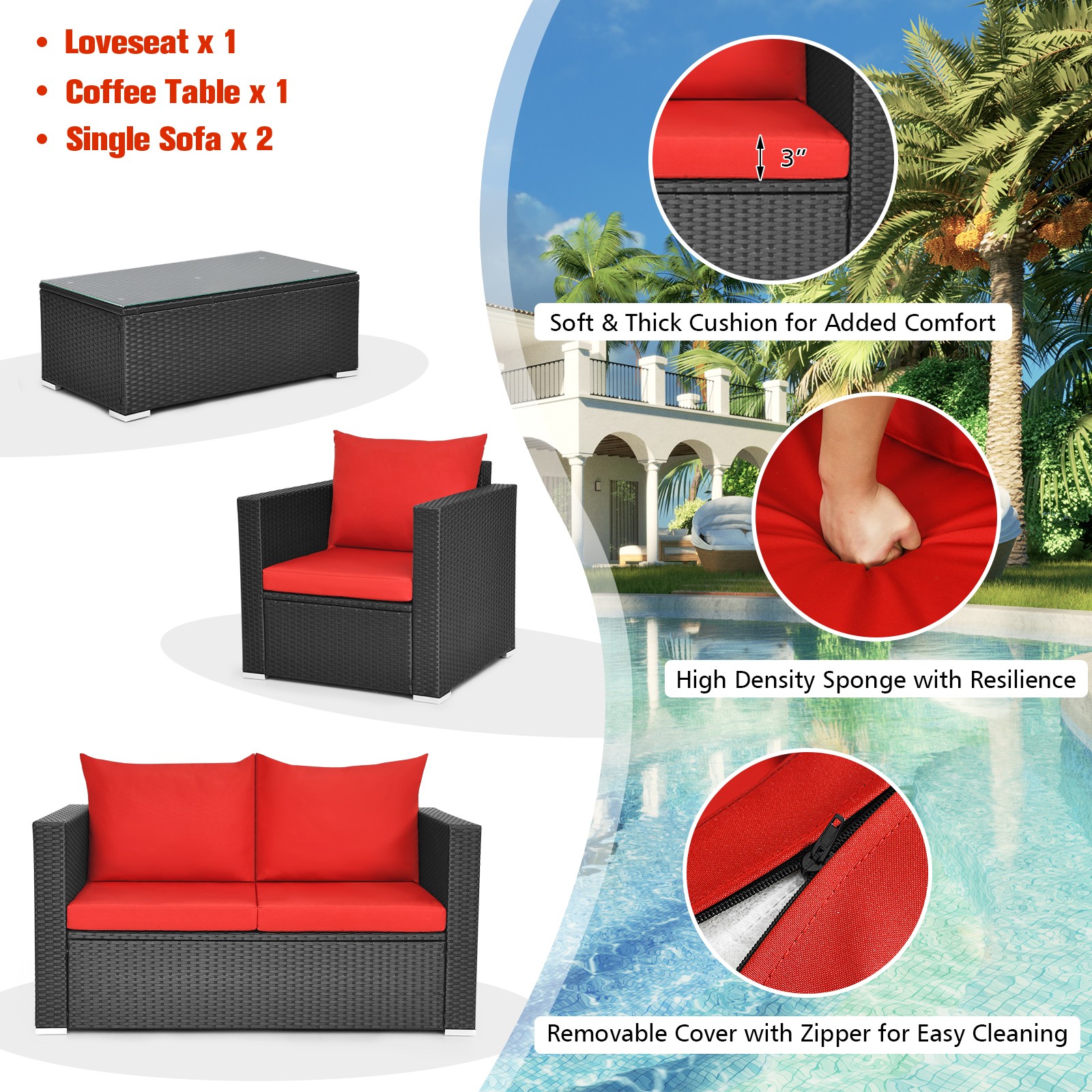 8PCS Patio Rattan Furniture Set Cushioned Sofa Chair Coffee Table Garden Red