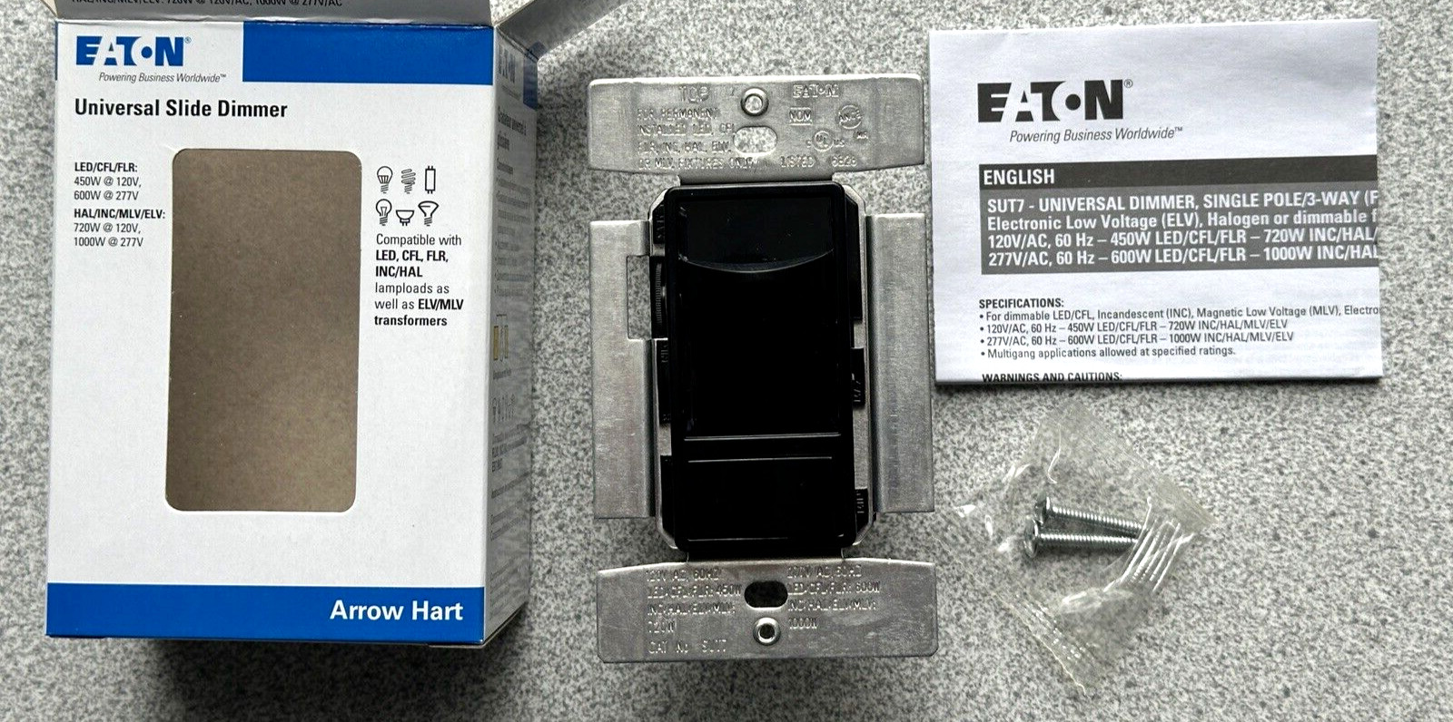 NEW EATON SUT7-BK BLACK SLIDE DIMMER w/ ON-OFF SWITCH 3-WAY 120V 450W DECORA LED
