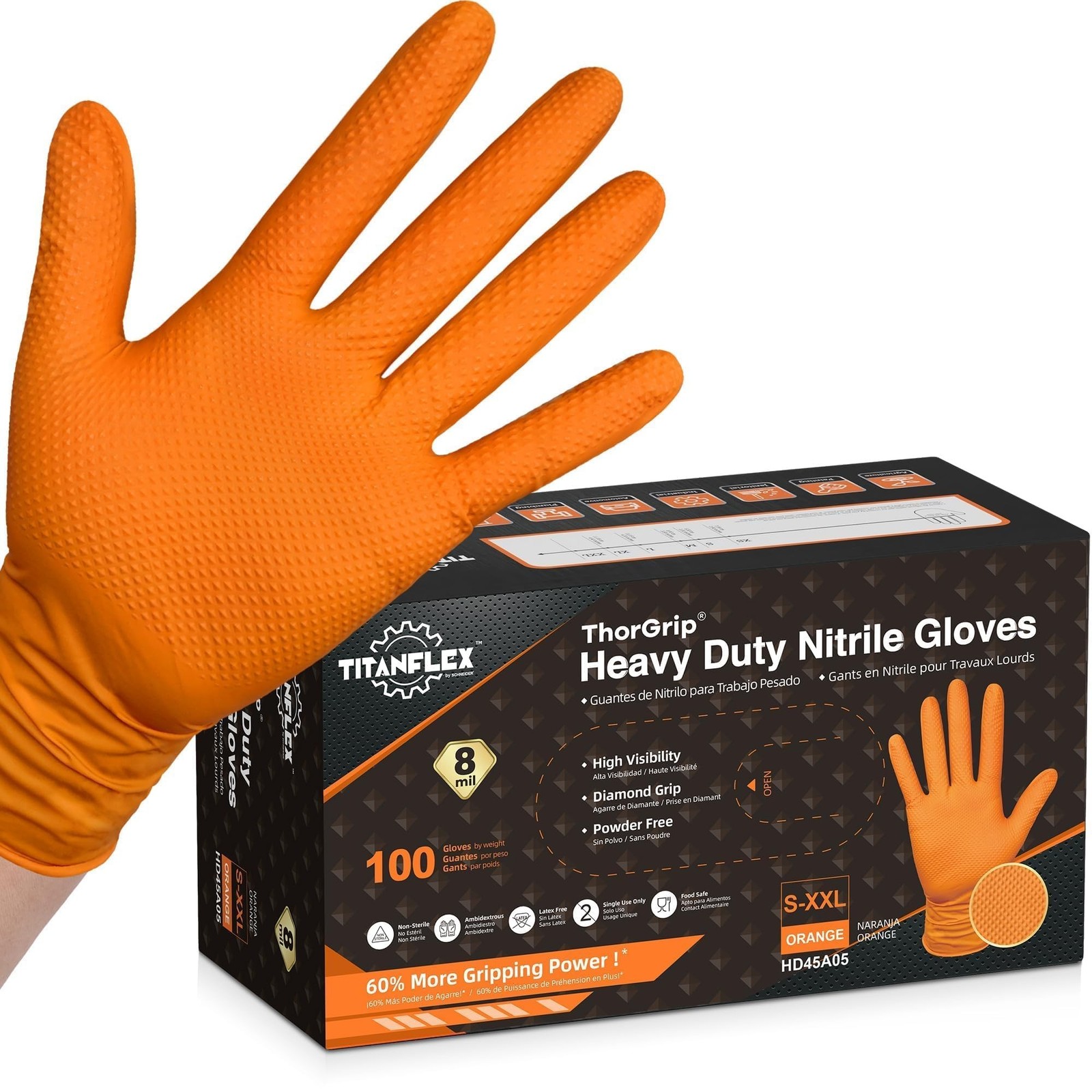 TitanFlex Heavy Duty Orange Industrial Nitrile Gloves with Raised Diamond Tex...