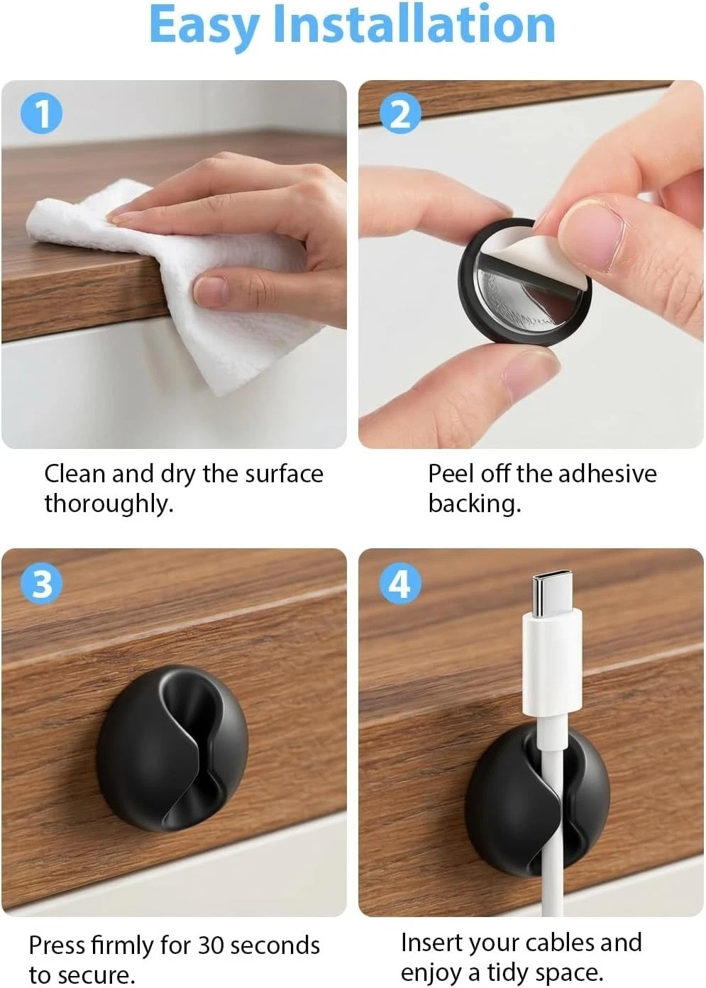 Compact Self-Adhesive Cable Clips | 6pc Rubber Cord Keeper for Clean Surfaces