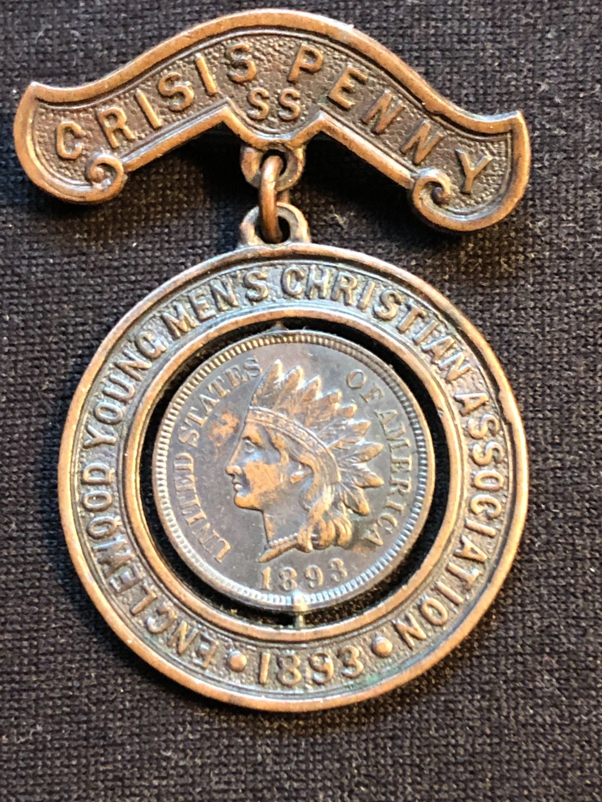 Englewood Young Men's Christian Association 1893 Crisis Spinning Penny Badge