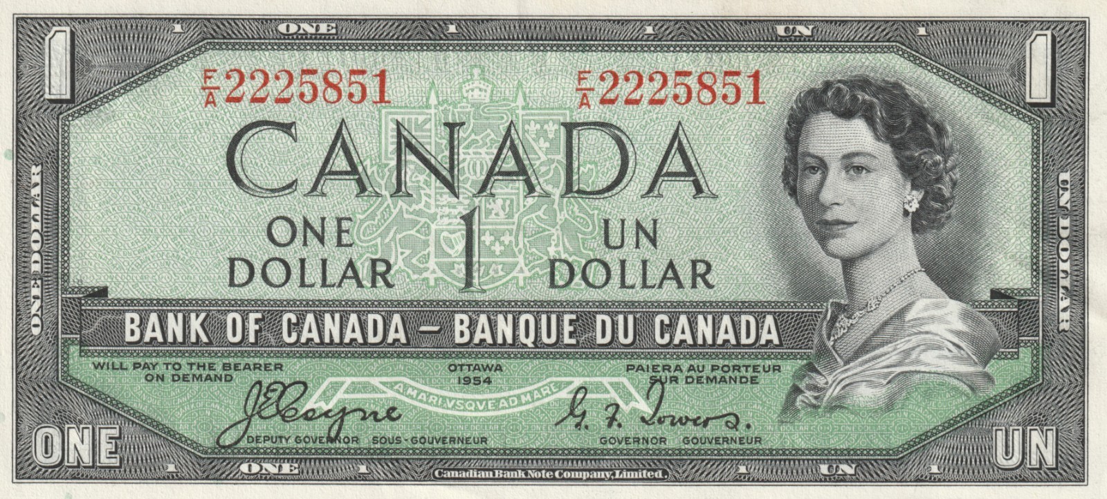 Canada 1954 1 Dollar AU Banknote Pick BC-29a Devil's Face F/A