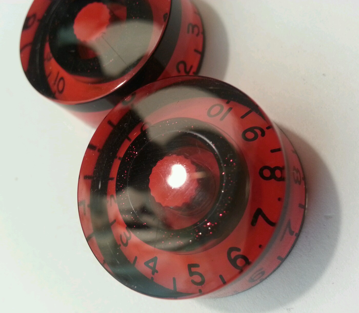 4 Guitar speed volume / tone knobs. Custom red / black. JAT CUSTOM GUITAR PARTS